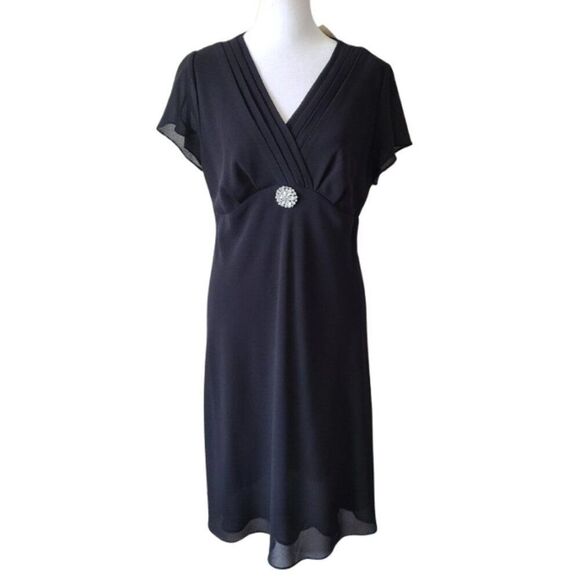 NWT Coldwater Creek LBD Chiffon Black Dress Rhinestone Diamond Brooch 6 Petite - Picture 1 of 14